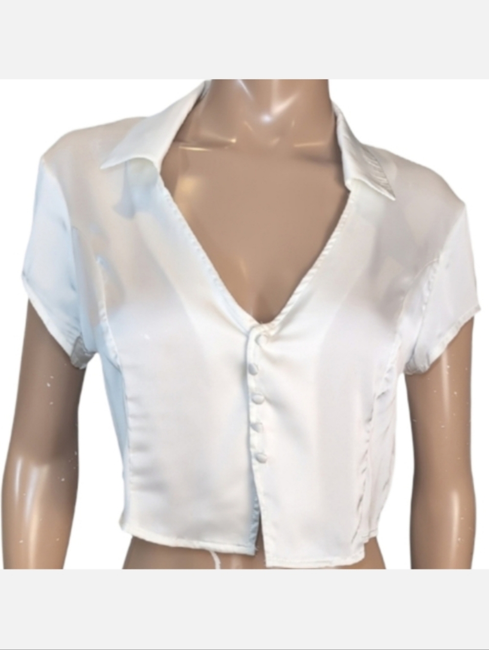 Dynamite Satin Crop Top Short Sleeve Collared Vneck Blouse Large White